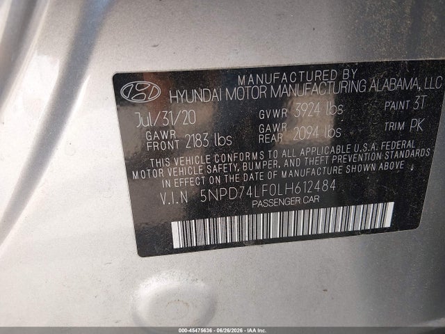 5NPD74LF0LH612484 Hyundai ELANTRA SE