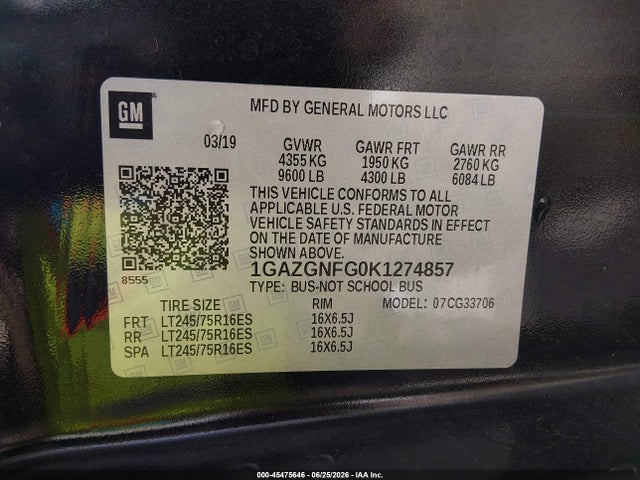 Chevrolet Express 3500 Ls 2019 1GAZGNFG0K1274857 Image 9