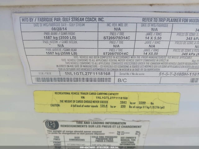 Продаж на аукціоні авто 2015 Gulfstream Other, vin: 1NL1GTL27F1118168, номер лоту: 45475655