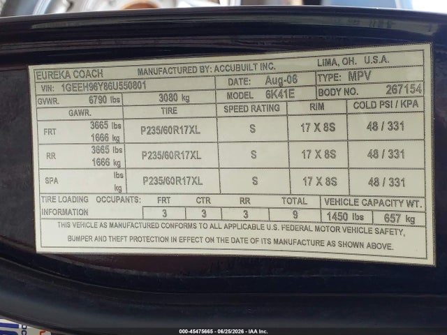 45475665 :رقم المزاد ، 1GEEH96Y86U550801 vin ، 2006 Cadillac Dts Professional مزاد بيع