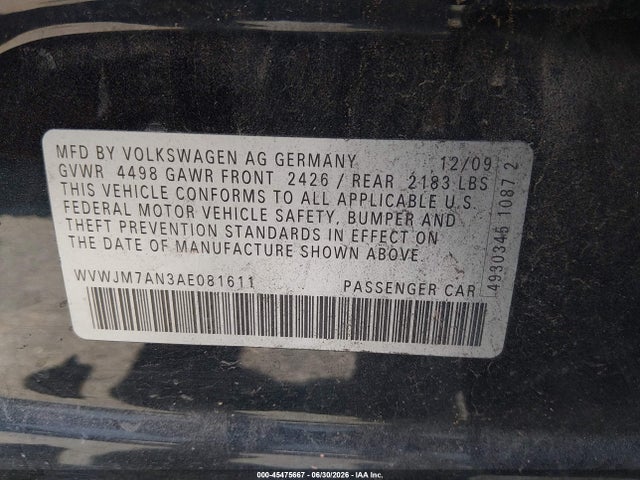 Aukcja sprzedaży 2010 Volkswagen Passat Komfort, vin: WVWJM7AN3AE081611, numer aukcji: 45475667