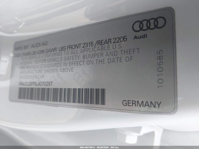 Aukcja sprzedaży 2020 Audi A3 Premium Plus 40 Tfsi Front-wheel Drive S Tronic, vin: WAUCUGFFXLA070297, numer aukcji: 45475674
