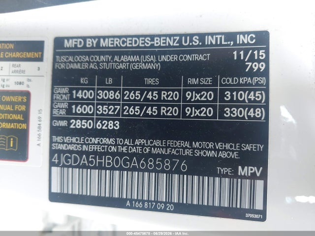2016 Mercedes-benz Gle 350 4matic მანქანა იყიდება აუქციონზე, vin: 4JGDA5HB0GA685876, აუქციონის ნომერი: 45475678