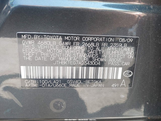 45475691 :رقم المزاد ، JTHBK1EG7A2343004 vin ، 2010 Lexus Es 350 مزاد بيع