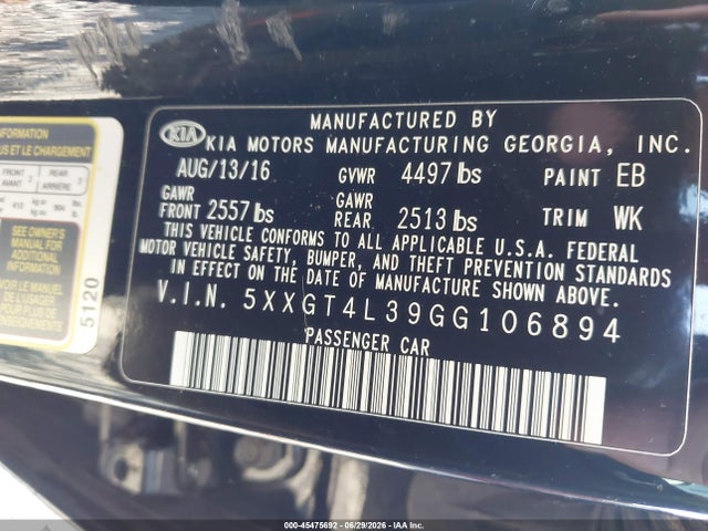 Aukcja sprzedaży 2016 Kia Optima Lx, vin: 5XXGT4L39GG106894, numer aukcji: 45475692