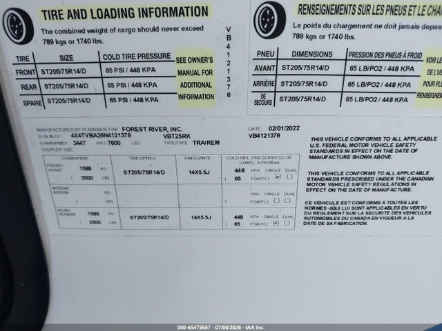 Продажа на аукционе авто 2022 Forest River Vibe, vin: 4X4TVBA26N4121376, номер лота: 45475697