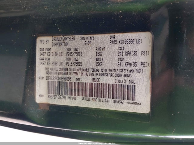 Aukcja sprzedaży 2000 Dodge Dakota Slt/sport, vin: 1B7GL22XXYS550690, numer aukcji: 45475699