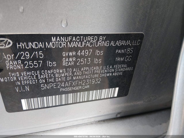 45475756 :رقم المزاد ، 5NPE24AFXFH231932 vin ، 2015 Hyundai Sonata Se مزاد بيع