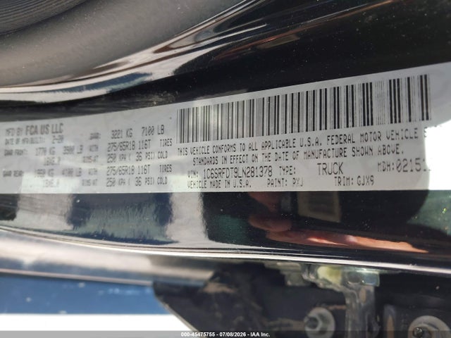 Продажа на аукционе авто 2020 Ram 1500 Laramie  4x4 6'4 Box, vin: 1C6SRFDT9LN281378, номер лота: 45475755