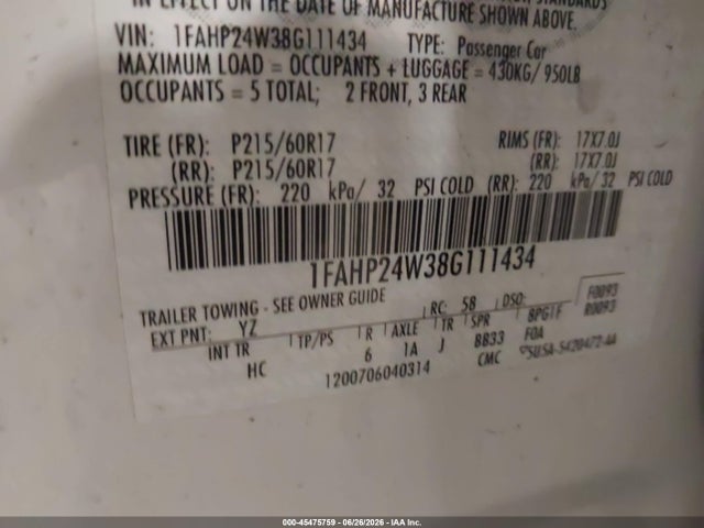 Продажа на аукционе авто 2008 Ford Taurus Sel, vin: 1FAHP24W38G111434, номер лота: 45475759