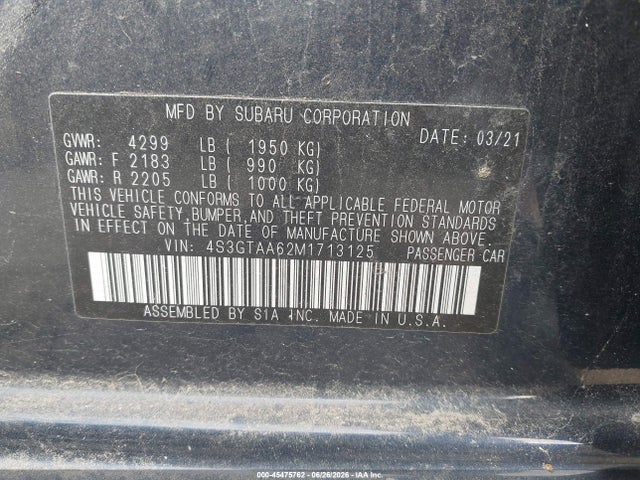 45475762 :رقم المزاد ، 4S3GTAA62M1713125 vin ، 2021 Subaru Impreza 5-door مزاد بيع