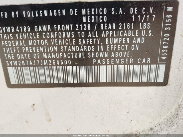 45475764 :رقم المزاد ، 3VW2B7AJ7JM254500 vin ، 2018 Volkswagen Jetta 1.4t S مزاد بيع