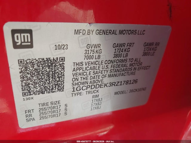 45475777 :رقم المزاد ، 1GCPDDEK3RZ178126 vin ، 2024 Chevrolet Silverado 1500 4wd  Standard Bed Lt مزاد بيع