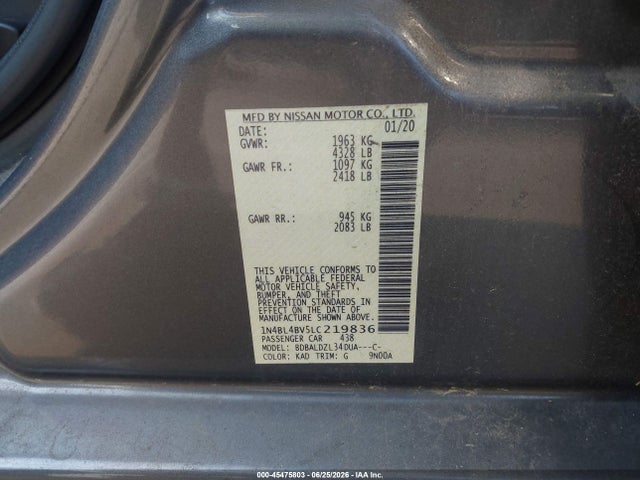 Aukcja sprzedaży 2020 Nissan Altima S Fwd, vin: 1N4BL4BV5LC219836, numer aukcji: 45475803