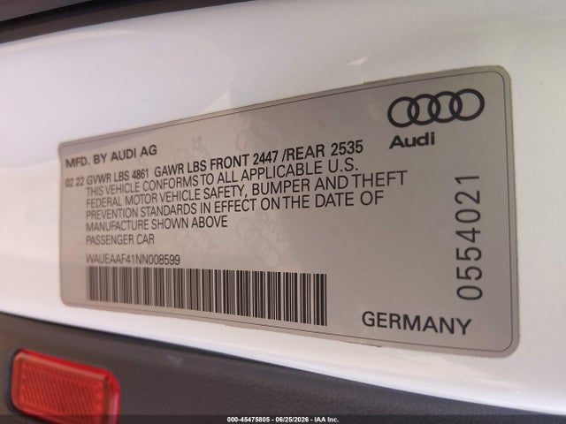 Aukcja sprzedaży 2022 Audi A4 Premium Plus 45 Tfsi S Line Quattro S Tronic, vin: WAUEAAF41NN008599, numer aukcji: 45475805