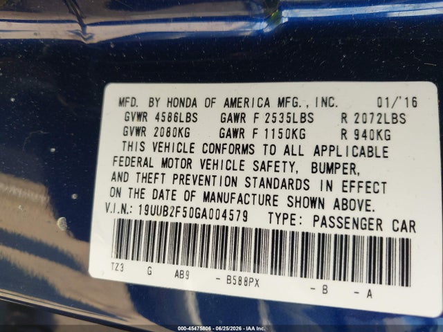 45475806 :رقم المزاد ، 19UUB2F50GA004579 vin ، 2016 Acura Tlx V6 Tech مزاد بيع