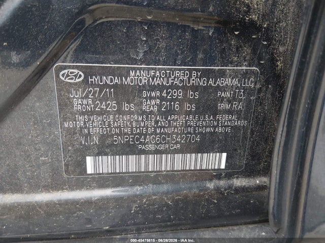 Aukcja sprzedaży 2012 Hyundai Sonata Limited, vin: 5NPEC4AC6CH342704, numer aukcji: 45475815