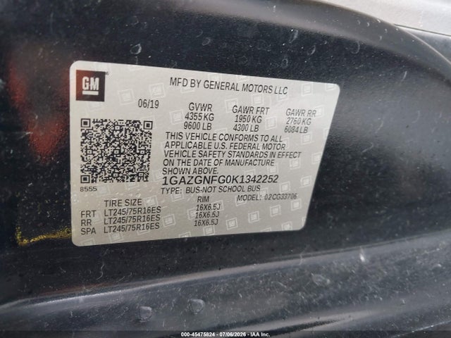 Aukcja sprzedaży 2019 Chevrolet Express 3500 Ls, vin: 1GAZGNFG0K1342252, numer aukcji: 45475824