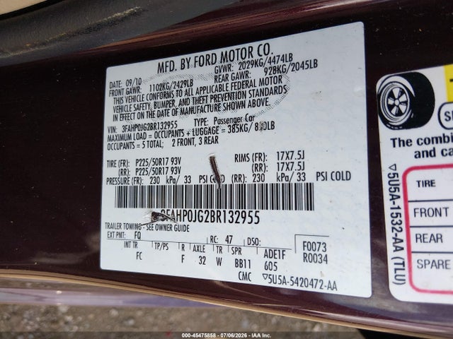 45475858 :رقم المزاد ، 3FAHP0JG2BR132955 vin ، 2011 Ford Fusion Sel مزاد بيع