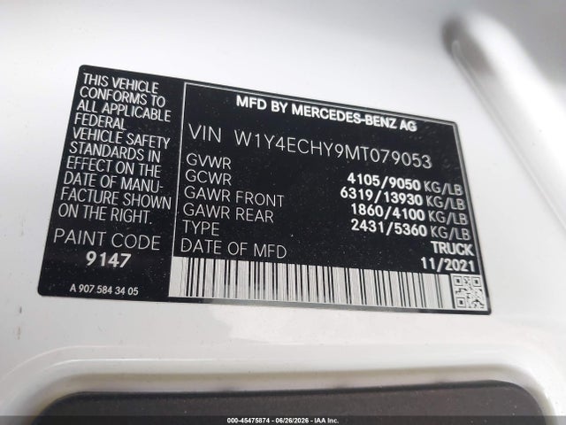 45475874 :رقم المزاد ، W1Y4ECHY9MT079053 vin ، 2021 Mercedes-benz Sprinter 2500 High Roof V6 مزاد بيع
