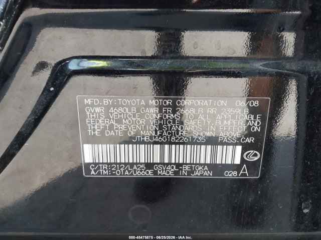 Aukcja sprzedaży 2008 Lexus Es 350, vin: JTHBJ46G182261735, numer aukcji: 45475875