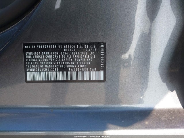 2019 Volkswagen Jetta 1.4t S მანქანა იყიდება აუქციონზე, vin: 3VWN57BU1KM013255, აუქციონის ნომერი: 45475897