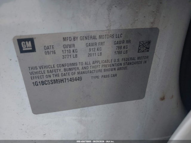 45475900 :رقم المزاد ، 1G1BC5SM9H7149449 vin ، 2017 Chevrolet Cruze Ls Auto مزاد بيع