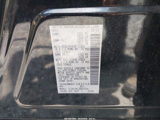 Aukcja sprzedaży 2014 Infiniti Qx60, vin: 5N1AL0MN8EC543714, numer aukcji: 45475904