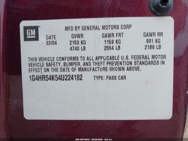 2004 Buick Lesabre Limited მანქანა იყიდება აუქციონზე, vin: 1G4HR54K54U224182, აუქციონის ნომერი: 45475932