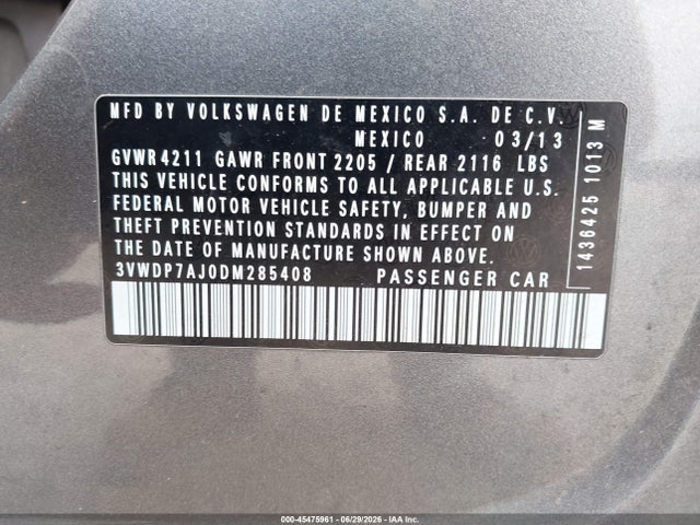 2013 Volkswagen Jetta 2.5l Se მანქანა იყიდება აუქციონზე, vin: 3VWDP7AJ0DM285408, აუქციონის ნომერი: 45475961