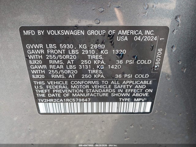 Aukcja sprzedaży 2024 Volkswagen Atlas 2.0t Se W/technology, vin: 1V2HR2CA1RC579647, numer aukcji: 45475985