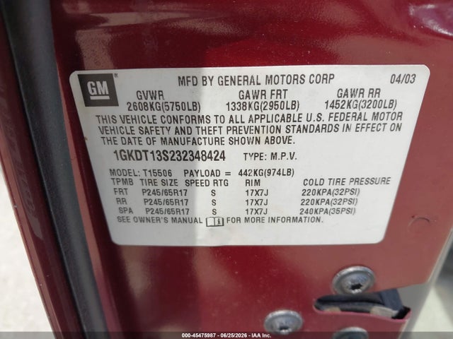 Aukcja sprzedaży 2003 Gmc Envoy Slt, vin: 1GKDT13S232348424, numer aukcji: 45475987
