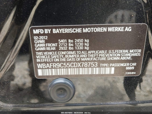 Продаж на аукціоні авто 2012 Bmw 550i, vin: WBAFR9C55CDX78753, номер лоту: 45476004