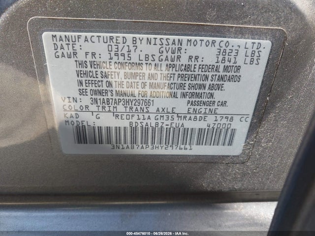 Auction sale of the 2017 Nissan Sentra S, vin: 3N1AB7AP3HY297661, lot number: 45476010