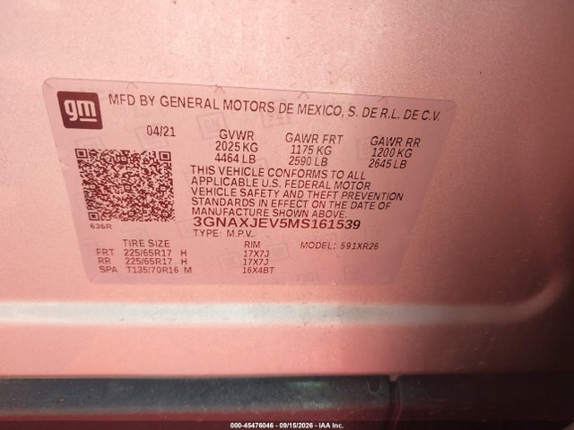 Продажа на аукционе авто 2021 Chevrolet Equinox Fwd 2fl, vin: 3GNAXJEV5MS161539, номер лота: 45476046