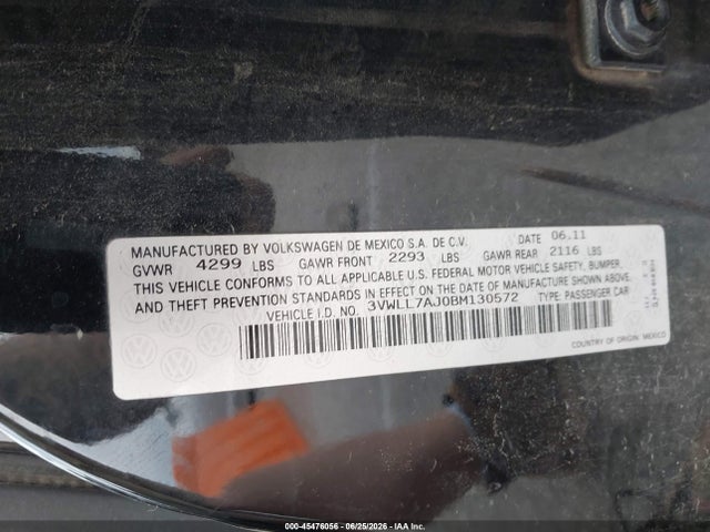45476056 :رقم المزاد ، 3VWLL7AJ0BM130572 vin ، 2011 Volkswagen Jetta 2.0l Tdi مزاد بيع