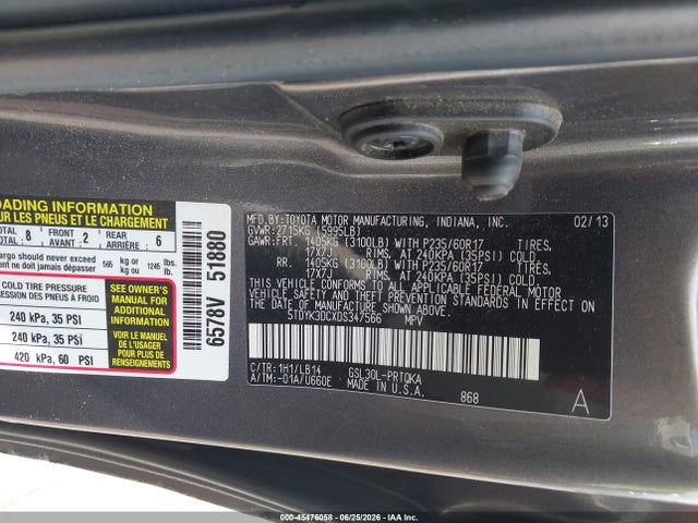 45476058 :رقم المزاد ، 5TDYK3DCXDS347566 vin ، 2013 Toyota Sienna Xle V6 8 Passenger مزاد بيع
