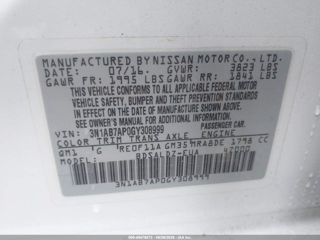 45476072 :رقم المزاد ، 3N1AB7AP0GY308999 vin ، 2016 Nissan Sentra Sv مزاد بيع