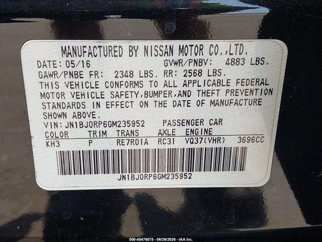 45476075 :رقم المزاد ، JN1BJ0RP6GM235952 vin ، 2016 Infiniti Qx50 مزاد بيع