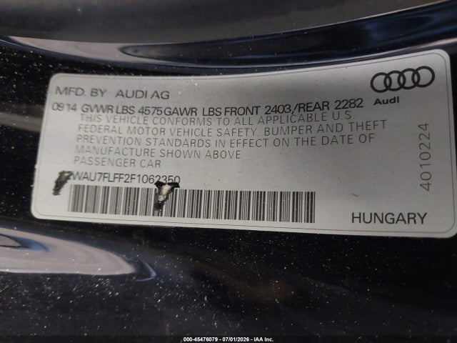 2015 Audi A3 2.0t Premium მანქანა იყიდება აუქციონზე, vin: WAU7FLFF2F1062350, აუქციონის ნომერი: 45476079