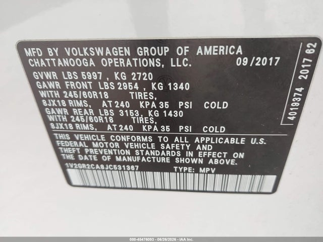 45476093 :رقم المزاد ، 1V2GR2CA8JC531367 vin ، 2018 Volkswagen Atlas 3.6l V6 S مزاد بيع