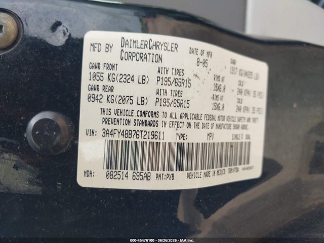 Aukcja sprzedaży 2006 Chrysler Pt Cruiser, vin: 3A4FY48B76T219611, numer aukcji: 45476100