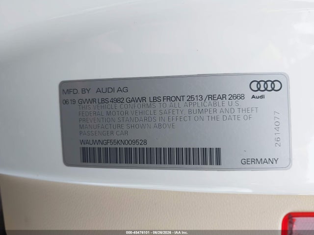 Продажа на аукционе авто 2019 Audi A5 45 Premium, vin: WAUWNGF55KN009528, номер лота: 45476101