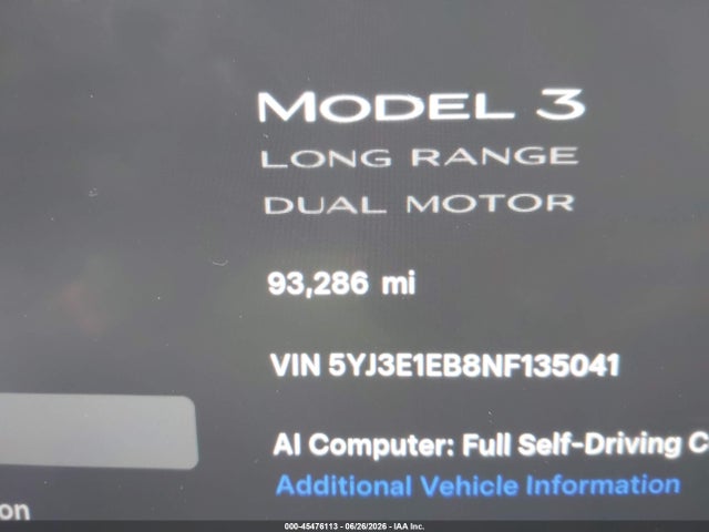 2022 Tesla Model 3 Long Range Dual Motor All-wheel Drive მანქანა იყიდება აუქციონზე, vin: 5YJ3E1EB8NF135041, აუქციონის ნომერი: 45476113