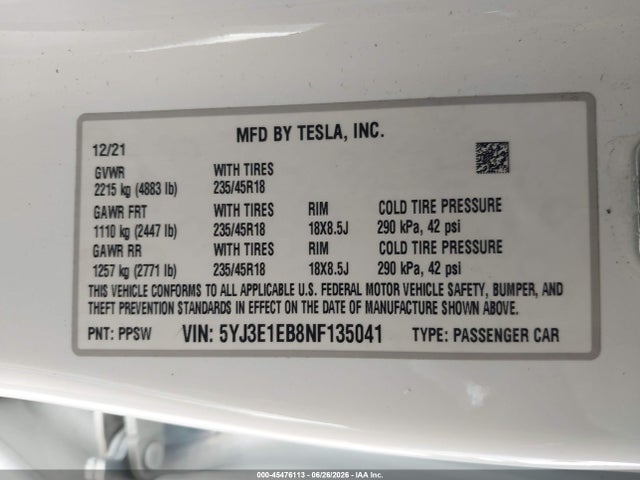 2022 Tesla Model 3 Long Range Dual Motor All-wheel Drive მანქანა იყიდება აუქციონზე, vin: 5YJ3E1EB8NF135041, აუქციონის ნომერი: 45476113