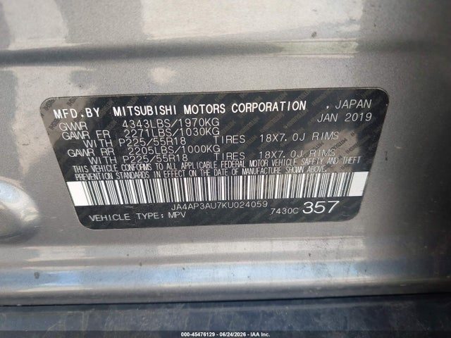 45476129 :رقم المزاد ، JA4AP3AU7KU024059 vin ، 2019 Mitsubishi Outlander Sport 2.0 Le مزاد بيع