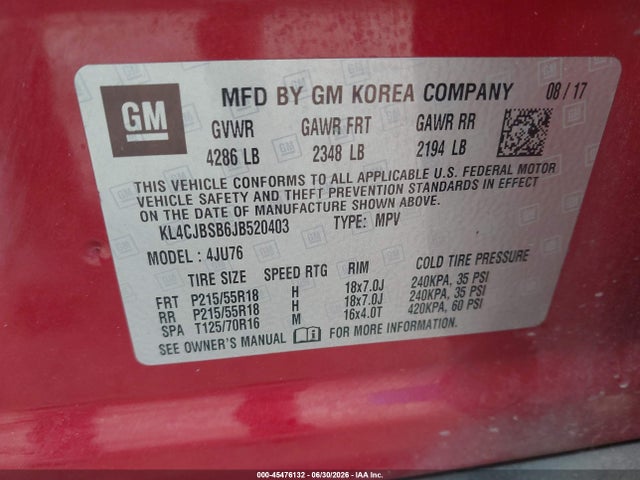 Aukcja sprzedaży 2018 Buick Encore, vin: KL4CJBSB6JB520403, numer aukcji: 45476132