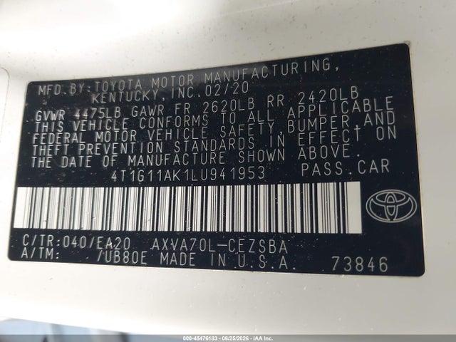 Продажа на аукционе авто 2020 Toyota Camry Se, vin: 4T1G11AK1LU941953, номер лота: 45476183