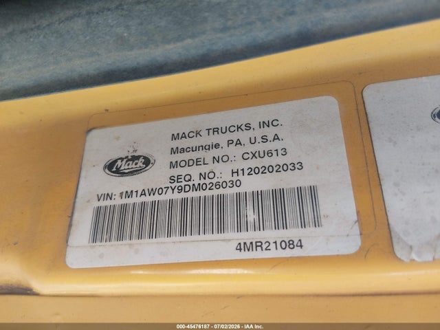 Aukcja sprzedaży 2013 Mack 600 Cxu600, vin: 1M1AW07Y9DM026030, numer aukcji: 45476187