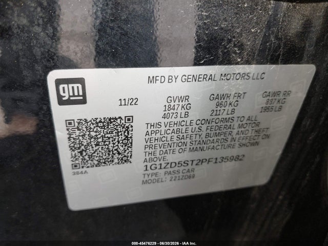 45476229 :رقم المزاد ، 1G1ZD5ST2PF135982 vin ، 2023 Chevrolet Malibu Fwd 1lt مزاد بيع